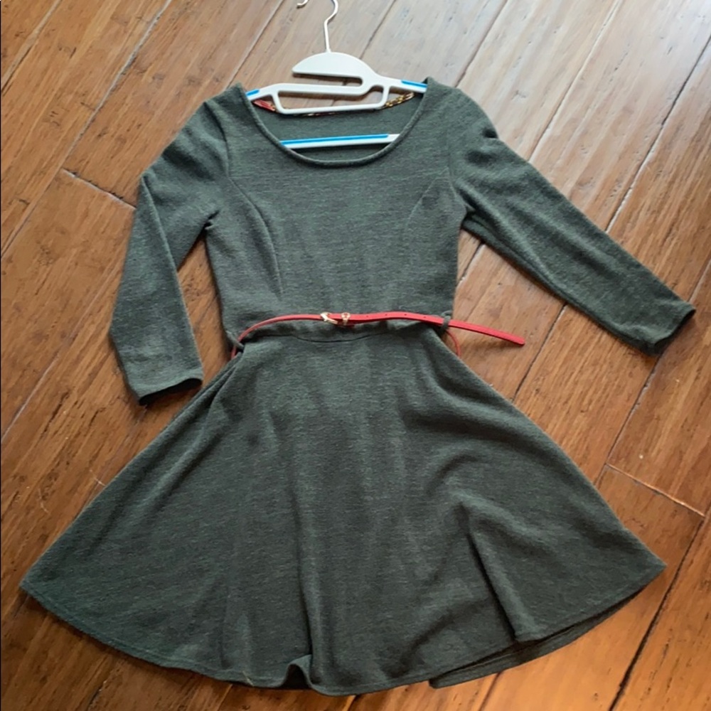 Dark Green Belted Sweater A-Line Dress